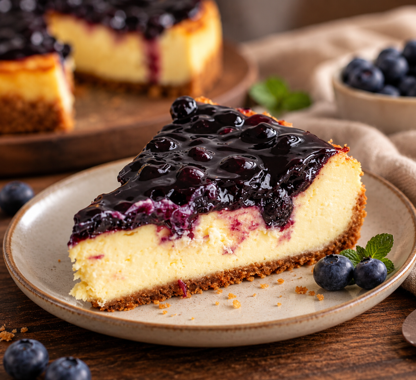 A slice of blueberry cheesecake topped with blueberry sauce